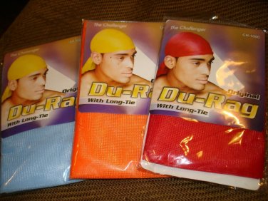 New - Set of 3 Challenger Original Du-Rag with long-tie , orange red light blue
