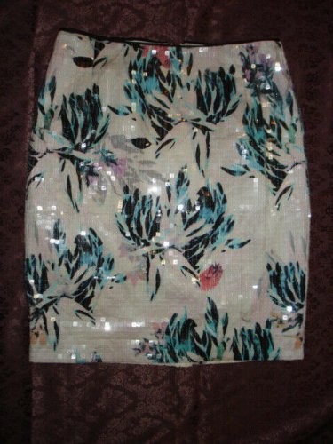 NWT H&M Tropical FLORAL SEQUIN, PENCIL MINI SKIRT US 8/ EUR 38 White green pink