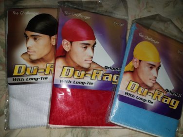 New - Set of 3 Challenger Original Du-Rag with long-tie, white, red, light blue.