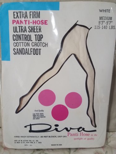 New Diva Medium Pantyhose ultra sheer control top 5'3"-5'7",115-140 Lbs White