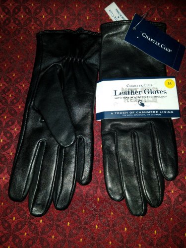 NWT Charter Club women's Leather & Cashmere Gloves  Black S/M Touch Screen Tech.