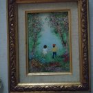 Vintage Signed Enamel On Copper Painting In Gold Frame Boy And Girl In Woods