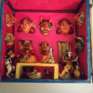 Vintage Funky Mexican Hand Painted Folk Art Shadow Box Miniature Face Masks