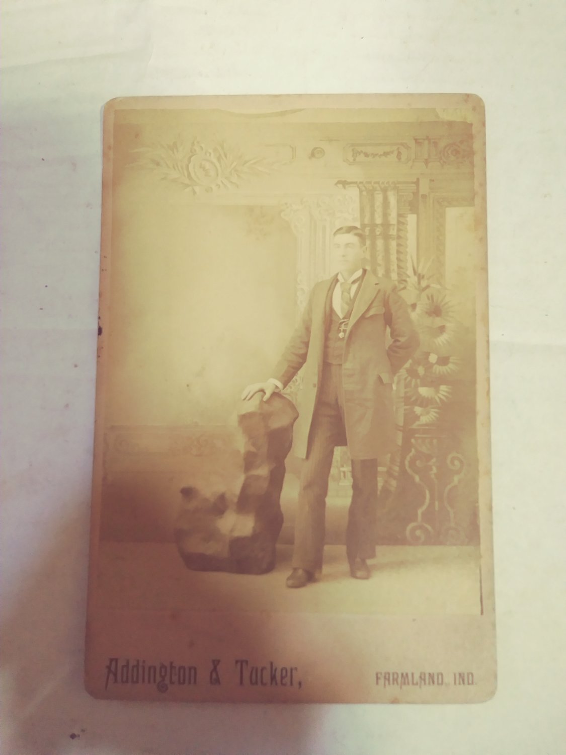 Antique Cabinet Card Photo Distinguished Gentleman Leaning On Rock