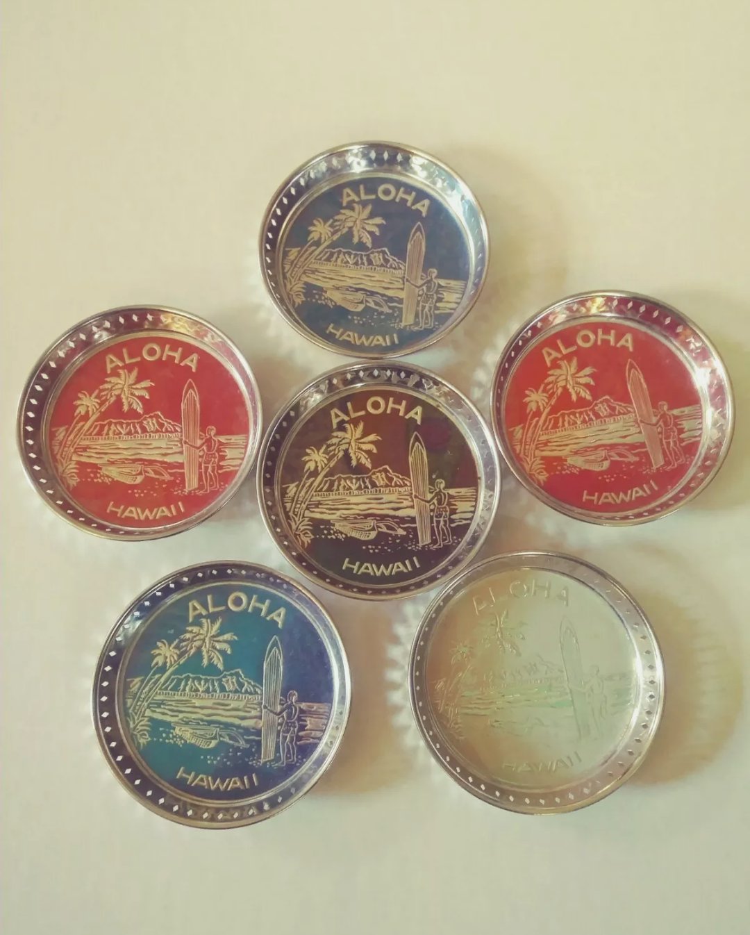 MCM Aloha Hawaii Metal Chrome Drink Coasters W/ Surfboard