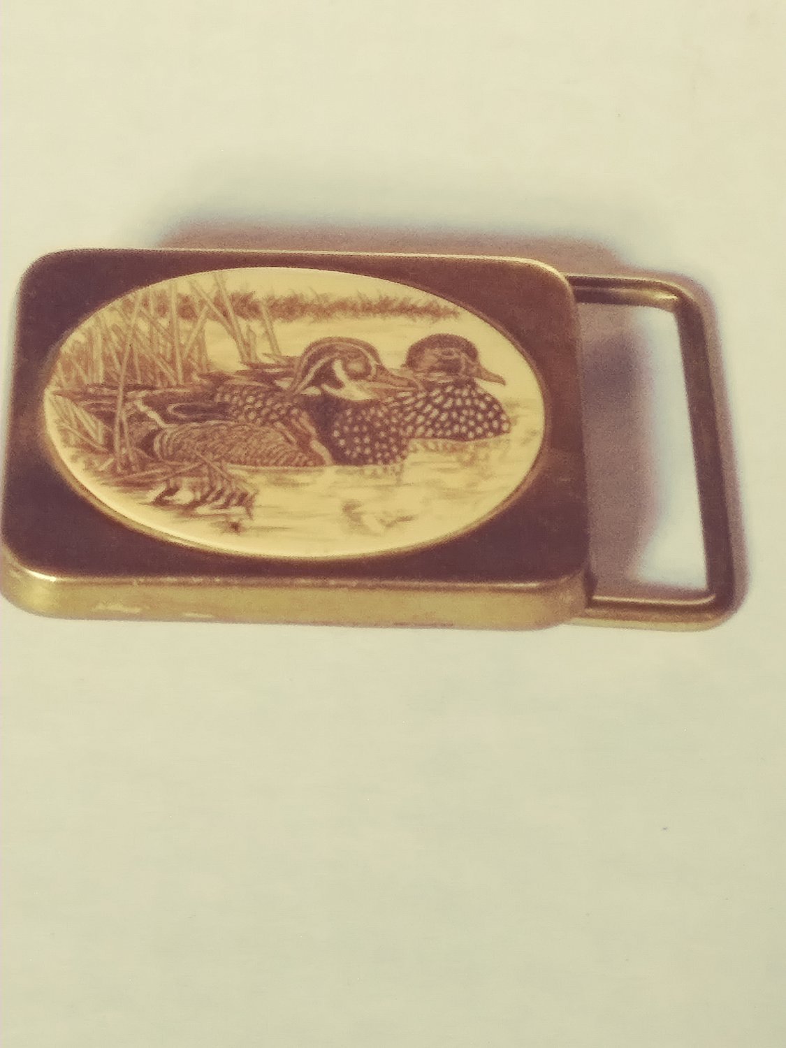 1983 BARLOW Scrimshaw Style Ducks Solid Brass Belt Buckle