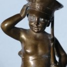 Antique Sculpture Bronze Boy With Flintlock Rifle on Brown Marble Pedestal