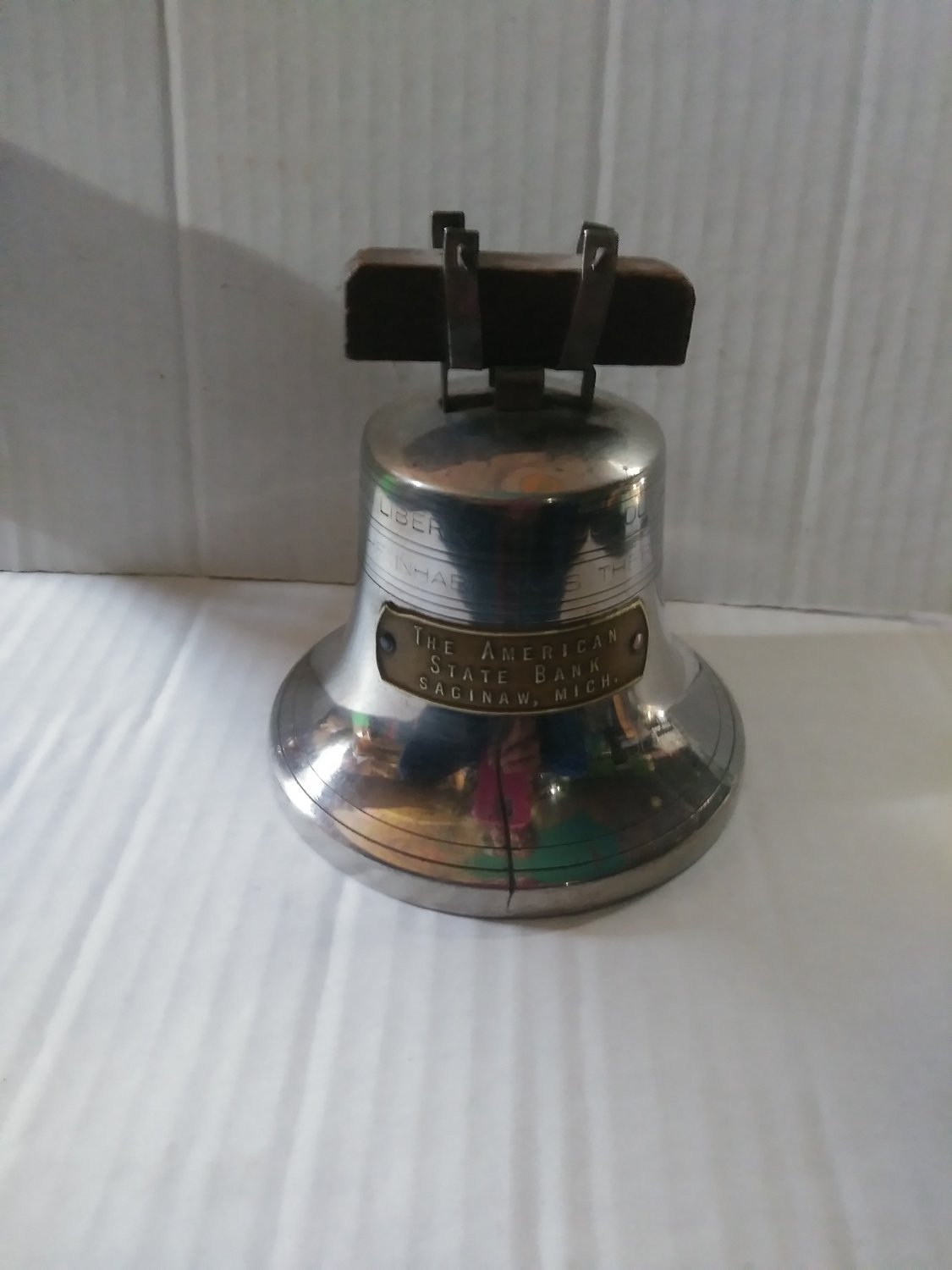 Antique Saginaw,Michigan 1919 Nickel Plated Liberty Bell Coin Bank
