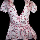 WHITE RED CHERRY ROCKABILLY Belted CAREER Jacket Dress COAT Blazer Top S