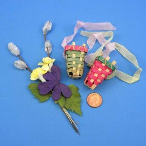 Vintage German Easter Rabbit Candy Container Parts Sebnitz Flower Bouquet Small Wood Baskets