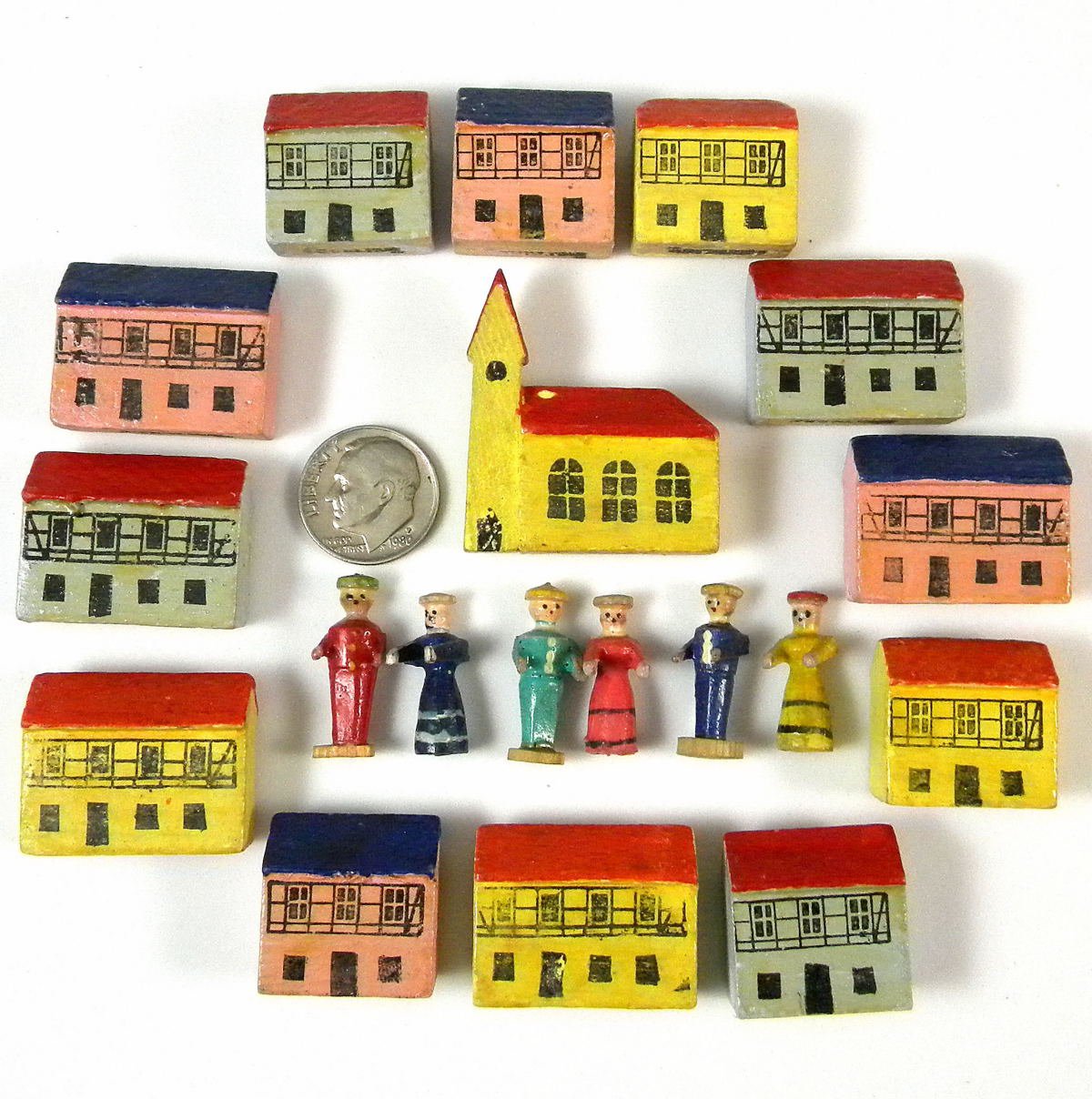 Vintage GERMAN Erzgebirge Putz Wooden Village Farm Miniature House Lot Set  of 31