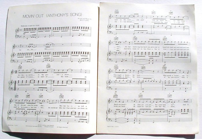 Movin' Out Vintage Sheet Music 1978 Billy Joel