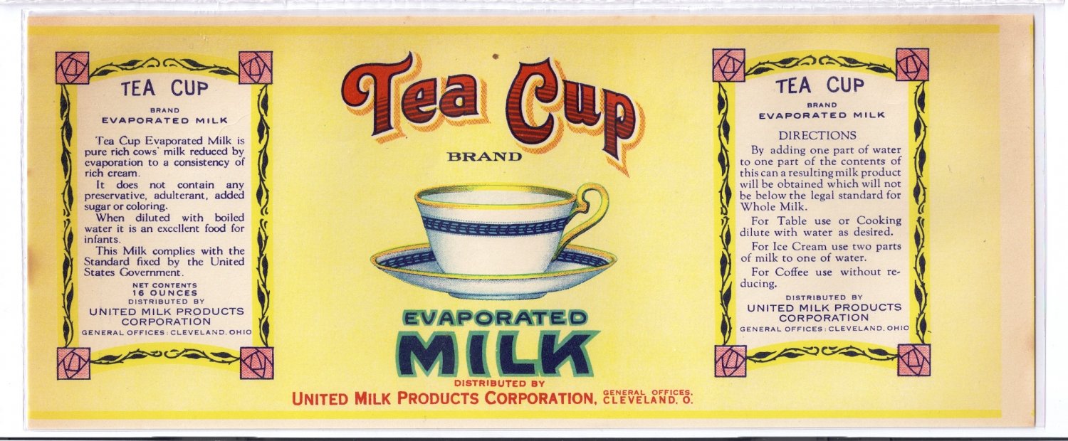 Tea Cup Evaporated Milk Cleveland OH United Milk Can Label