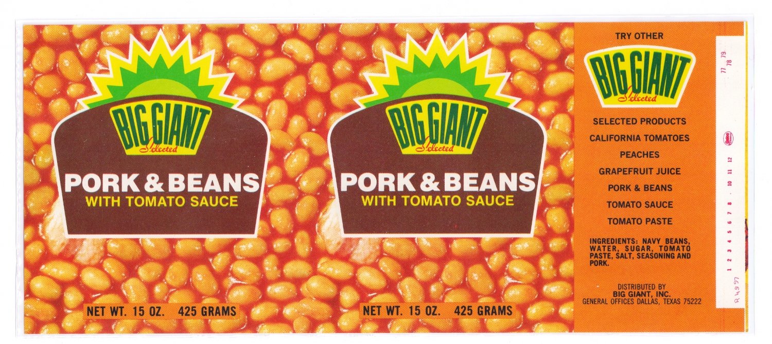 Big Giant Pork and Beans Vintage Vegetable Can Label Dallas TX