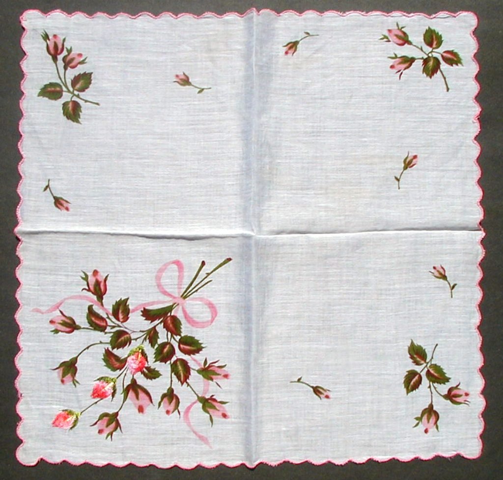 Vintage Hanky Embroidered And Printed Roses Handkerchief