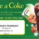 Coca Cola Premium Card Free Coke Colemans Pharmacy Burlington VT Drugstore AD