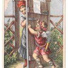 Victorian Trade Card Kid Gloves D M Yost & Co Cherub barring Lady from entrance Victorian Trade Card Kid Gloves D M Yost & Co Cherub barring Lady from entrance