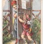 Victorian Trade Card Kid Gloves D M Yost & Co Cherub barring Lady from entrance