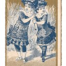 Victorian Chromo Lithograph Card Two Girls Under Umbrella Blue and Gold