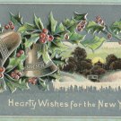 Early 1900's  Vintage New Years Postcard Bells and Holly Silver Background Embossed