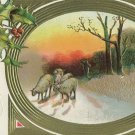 1909 Vintage Christmas Postcard Embossed Holly and gold frame Sheep returning home at sunset