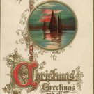 Tuck Embossed Christmas Postcard Ornate Gilt Script Vignette of Sailboats in the Sunset Tuck Embossed Christmas Postcard Ornate Gilt Script Vignette of Sailboats in the Sunset