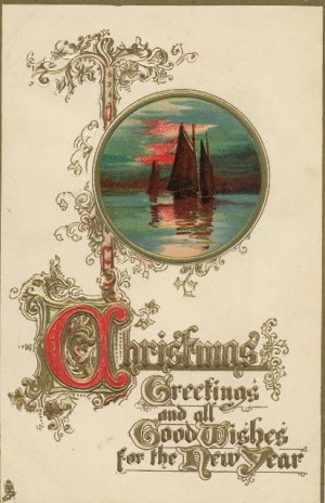 Tuck Embossed Christmas Postcard  Ornate Gilt Script  Vignette of Sailboats in the Sunset