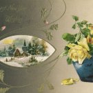 1910 Vintage Embossed New Years Postcard Winsch back Yellow Roses Snow covered church
