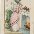 Vintage Christmas Postcard Arts and Crafts style Illustration of a pretty girl in front of fireplace