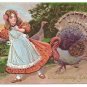 Vintage Thanksgiving Postcard Turkey Pulling Girls Dress Embosssed 1908