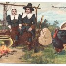 Pilgims Cook Kettle over Fire and Turkey Vintage Thanksgiving Postcard P. Sander 1908