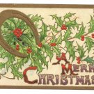 Vintage Christmas Postcard Winsch Back Embossed Gold Gilt Horseshoe Holly