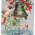 Cherubs Bell and Holly Embossed Silver 1907 Vintage Christmas Postcard