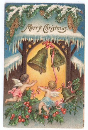 Cherubs Bells Icicles Holly Embossed Vintage Christmas Postcard 1907