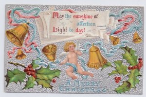 Cherub Bells Holly Silve Moire Embossed Vintage Christmas Postcard 1907