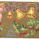Cherub Bells Embossed Gold Moire Vintage Christmas Postcard 1910