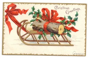 Signed Clapsaddle Yule Log Sled 1907 UND Vintage Embossed Gilt Christmas Postcard