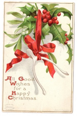 Artist Signed Ellen Clapsaddle Wishbones Mistletoe Holly 1908 Vintage Christmas Postcard IAP