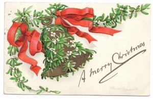 Artist Signed Clapsaddle Mistletoe Bell 1908 Vintage Embossed IAP Christmas Postcard