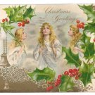 Angels Holly Embossed Gold Vintage Christmas Postcard UND 1906