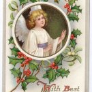 Angel Framed w Embossed Holly Vintage Christmas Postcard IAP ca 1910