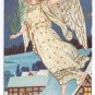 Christmas Angel with Palm Branch Flying over Snowy Town Embossed Vintage  Postcard 1910