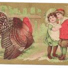 Children Hatchet Turkey Gilded Gold Moire Vintage Thanksgiving Postcard 1909