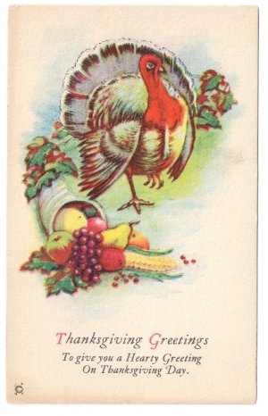 Turkey Cornucopia Fruit Corn Vintage JPNY Thanksgiving Litho Postcard