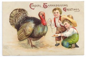 Unsigned Clapsaddle Boys Catching Turkey Embossed Vintage Thanksgiving Postcard