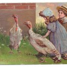 Children Girl Boy with Turkeys Embossed Gilded Vintage Thanksgiving Postcard