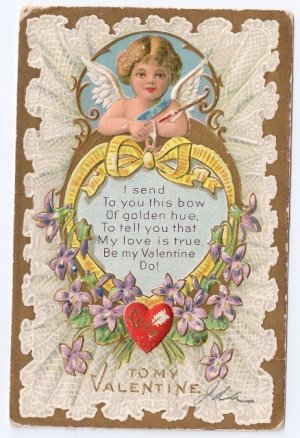 Cupid Cherub Violets Embossed Gilded Vintage Valentine Day Postcard