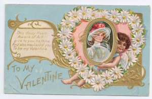 Cupid Cherub Daisy heart Embossed Gilt Vintage Valentine Day Postcard