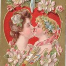 Cupid Kissing Pretty Lady Gold Embossed Vintage Valentine Postcard Cupid Kissing Pretty Lady Gold Embossed Vintage Valentine Postcard