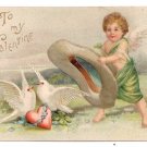 Cupid Catching Doves Embossed Vintage Valentine Postcard